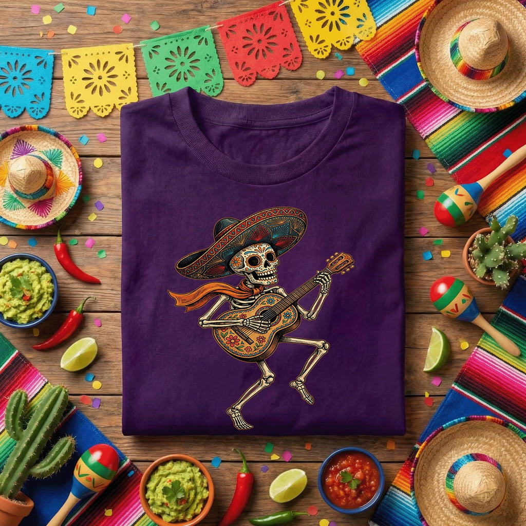 Skeleton Guitar Sombrero Shirt Cinco De Mayo Skeleton Guitarist Tee, Day of the Dead Mariachi Skull Shirt, Mexican Fiesta Music Tee