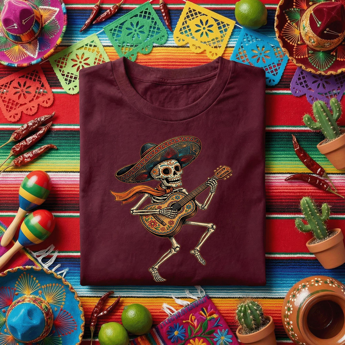 Skeleton Guitar Sombrero Shirt Cinco De Mayo Skeleton Guitarist Tee, Day of the Dead Mariachi Skull Shirt, Mexican Fiesta Music Tee