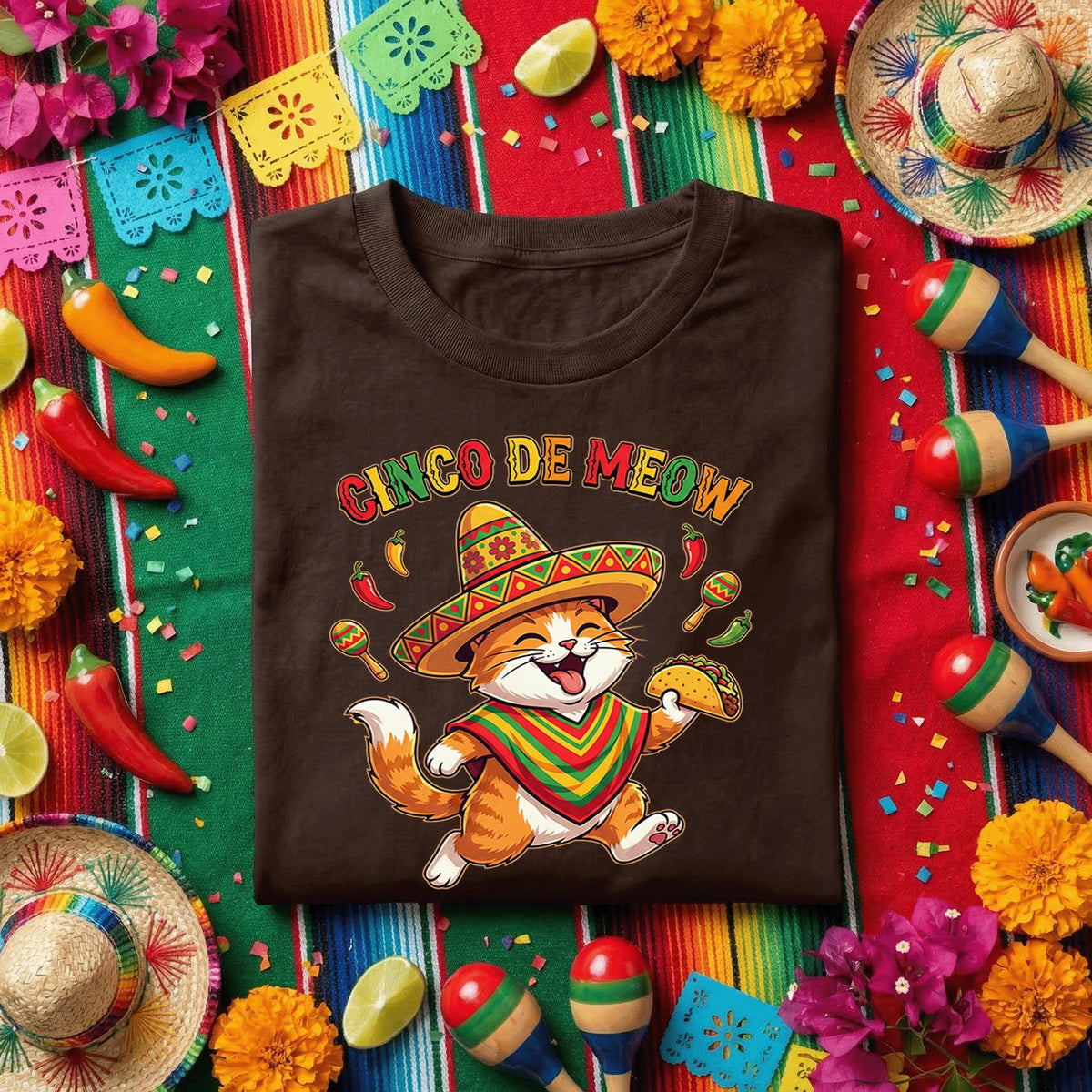 Cinco De Meow Cat Shirt Funny Cinco De Mayo Cat Taco Tee, Fiesta Cat Sombrero Shirt, Cute Mexican Cat Party Tee