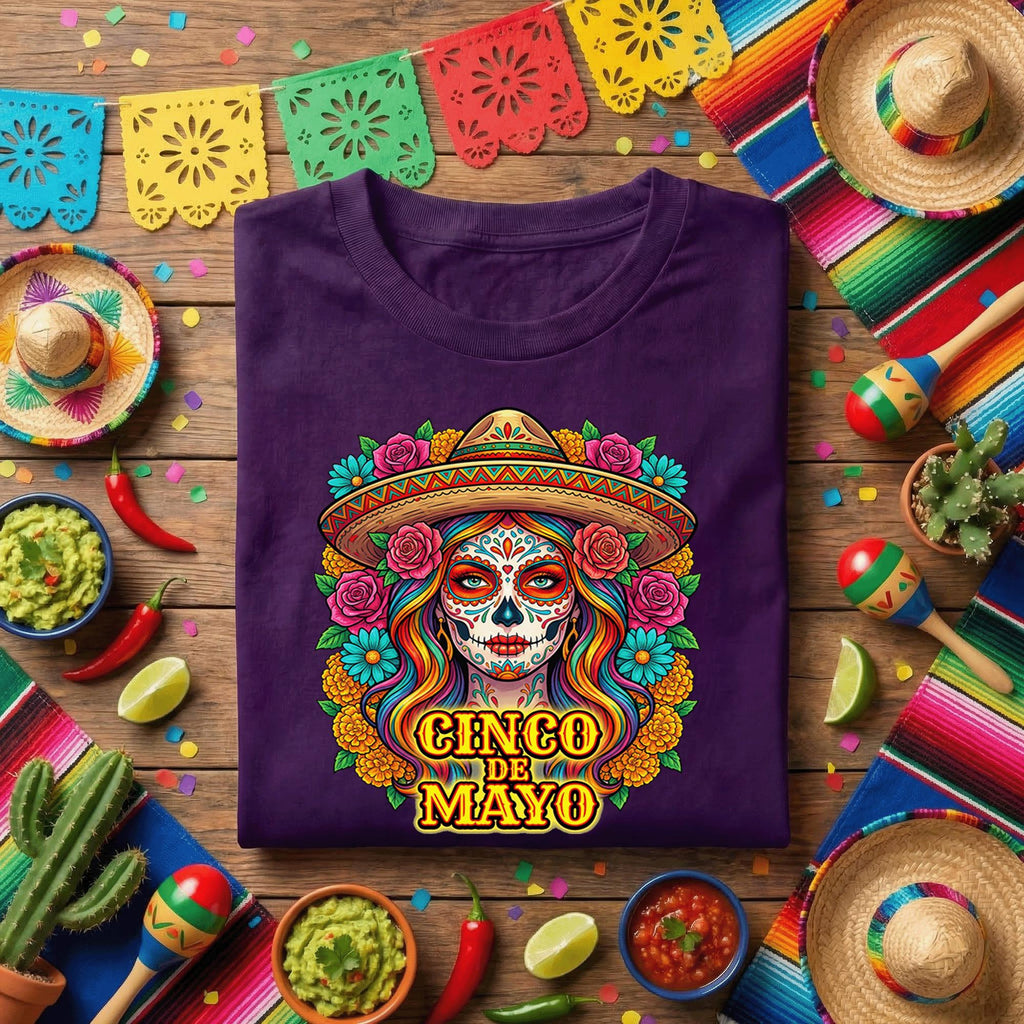 Cinco De Mayo Sugar Skull Woman Shirt Day of the Dead Lady Tee, Mexican Fiesta Sombrero Skull Shirt, Colorful Dia de los Muertos Tee