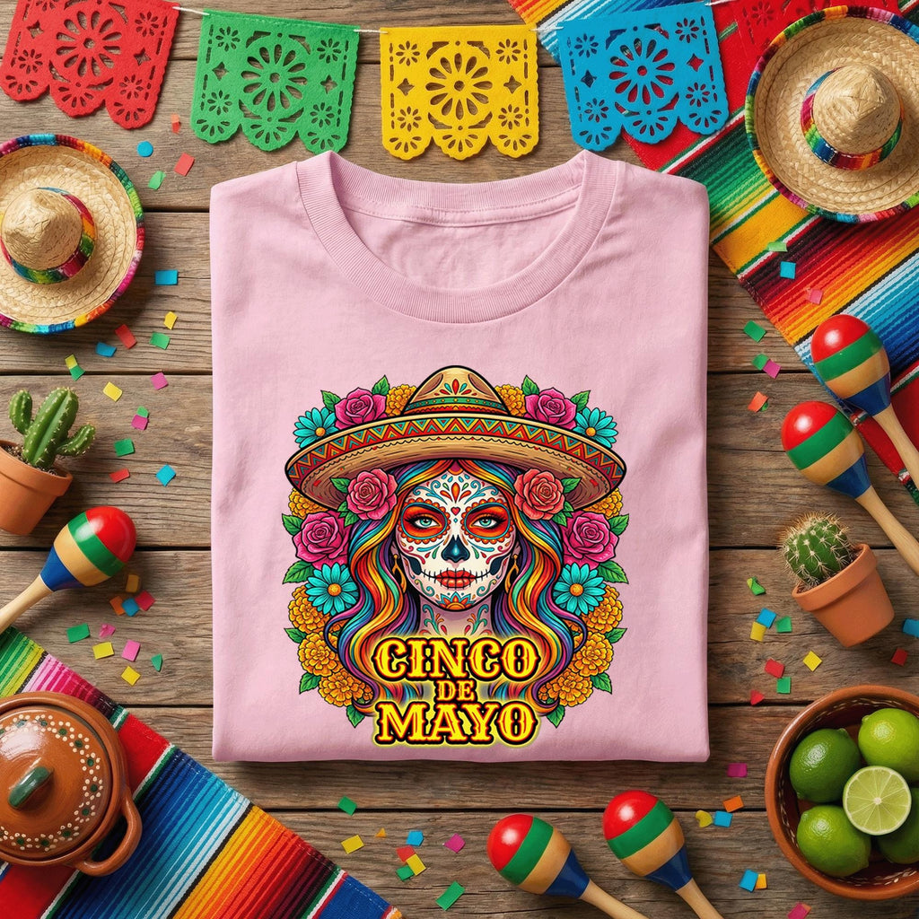 Cinco De Mayo Sugar Skull Woman Shirt Day of the Dead Lady Tee, Mexican Fiesta Sombrero Skull Shirt, Colorful Dia de los Muertos Tee