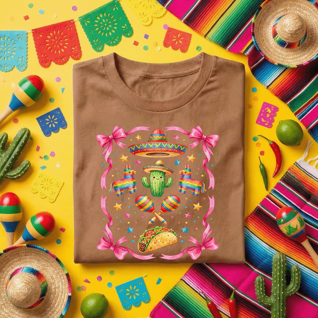 Cinco De Mayo Cute Fiesta Shirt Pink Bow Mexican Party Tee, Kawaii Cactus Sombrero Taco Shirt, Girls Fiesta Maracas Tee