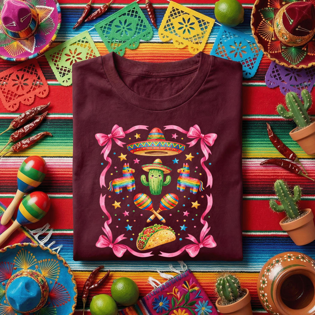 Cinco De Mayo Cute Fiesta Shirt Pink Bow Mexican Party Tee, Kawaii Cactus Sombrero Taco Shirt, Girls Fiesta Maracas Tee