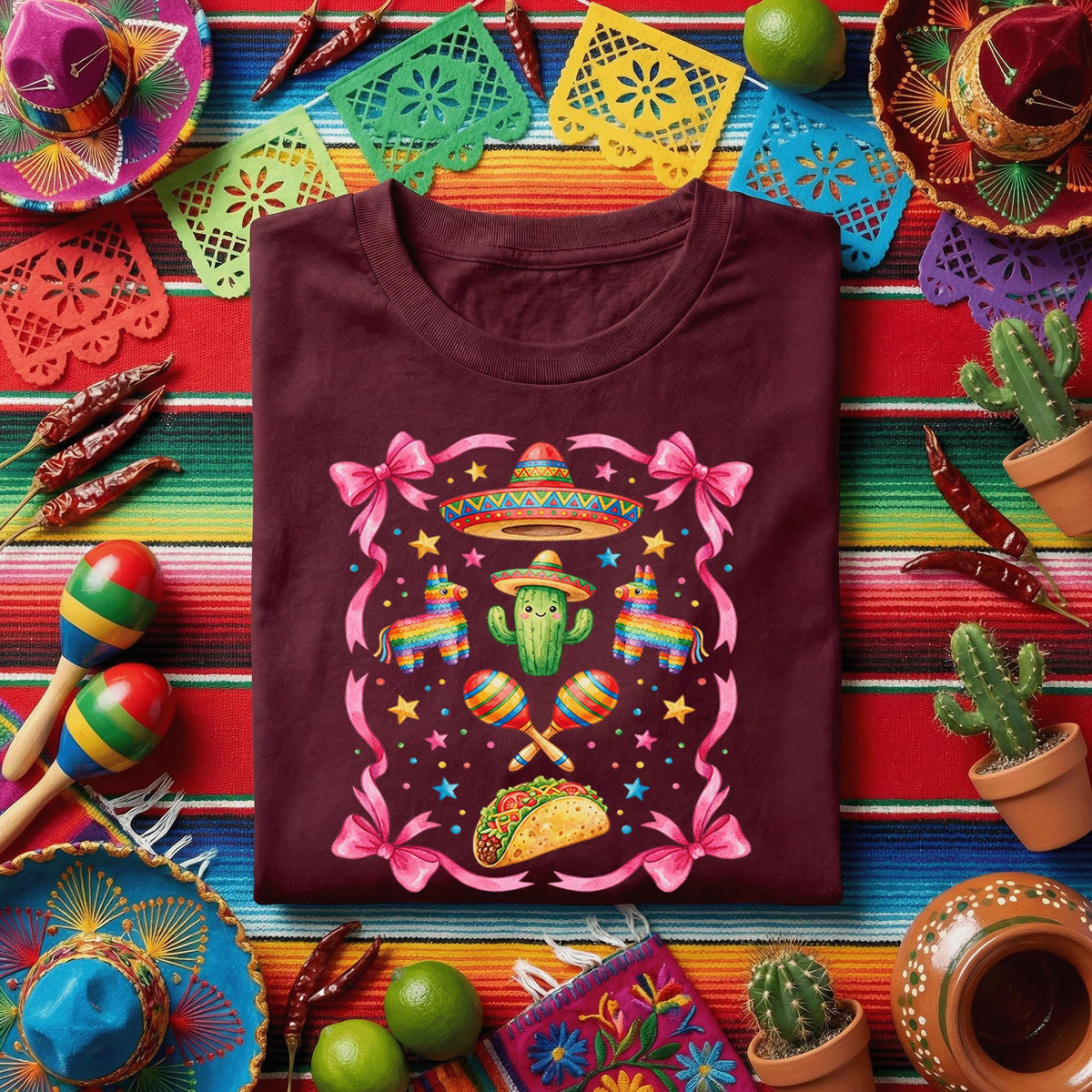 Cinco De Mayo Cute Fiesta Shirt Pink Bow Mexican Party Tee, Kawaii Cactus Sombrero Taco Shirt, Girls Fiesta Maracas Tee
