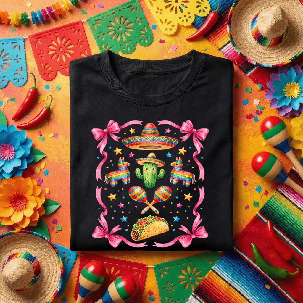 Cinco De Mayo Cute Fiesta Shirt Pink Bow Mexican Party Tee, Kawaii Cactus Sombrero Taco Shirt, Girls Fiesta Maracas Tee