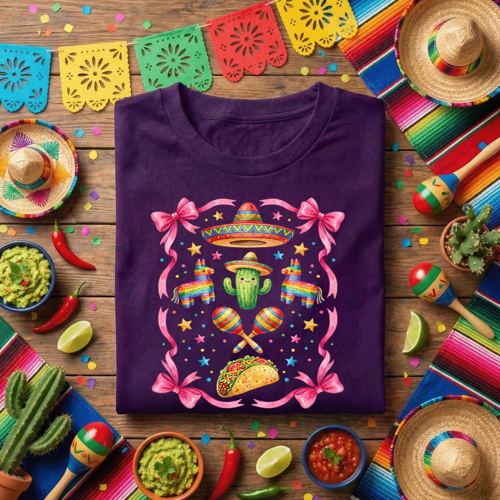 Cinco De Mayo Cute Fiesta Shirt Pink Bow Mexican Party Tee, Kawaii Cactus Sombrero Taco Shirt, Girls Fiesta Maracas Tee