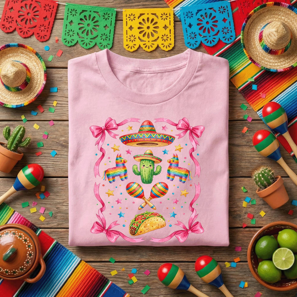 Cinco De Mayo Cute Fiesta Shirt Pink Bow Mexican Party Tee, Kawaii Cactus Sombrero Taco Shirt, Girls Fiesta Maracas Tee