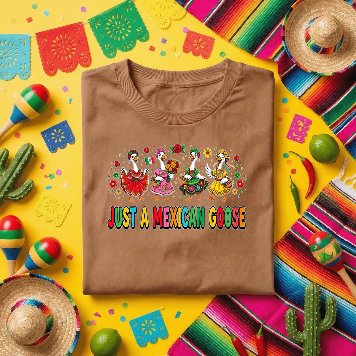 Just A Mexican Goose Shirt Funny Cinco De Mayo Goose Tee, Mexican Fiesta Dancing Geese Shirt, Colorful Cinco De Mayo Party Tee