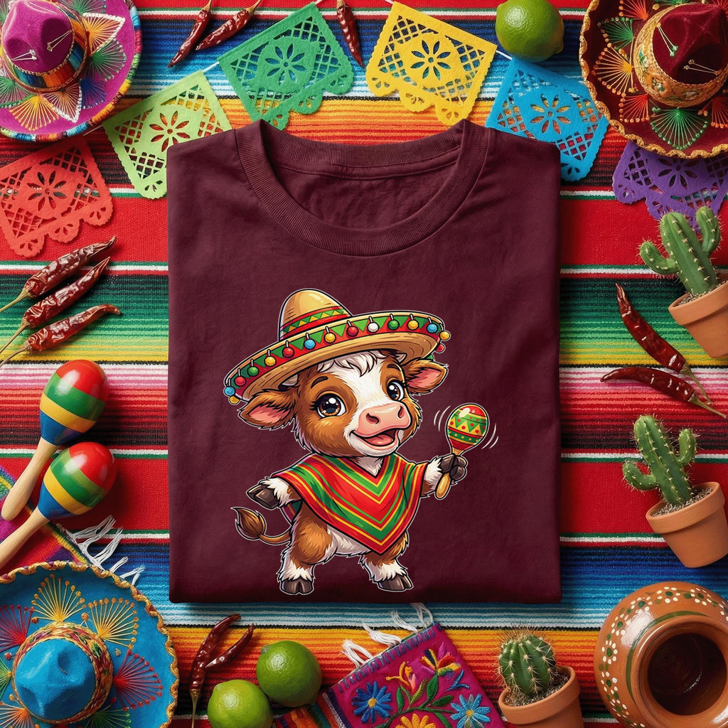Cinco De Mayo Baby Cow Shirt Cute Fiesta Cow Sombrero Tee, Funny Mexican Fiesta Calf With Maracas Shirt, Adorable Cinco De Mayo Party Tee
