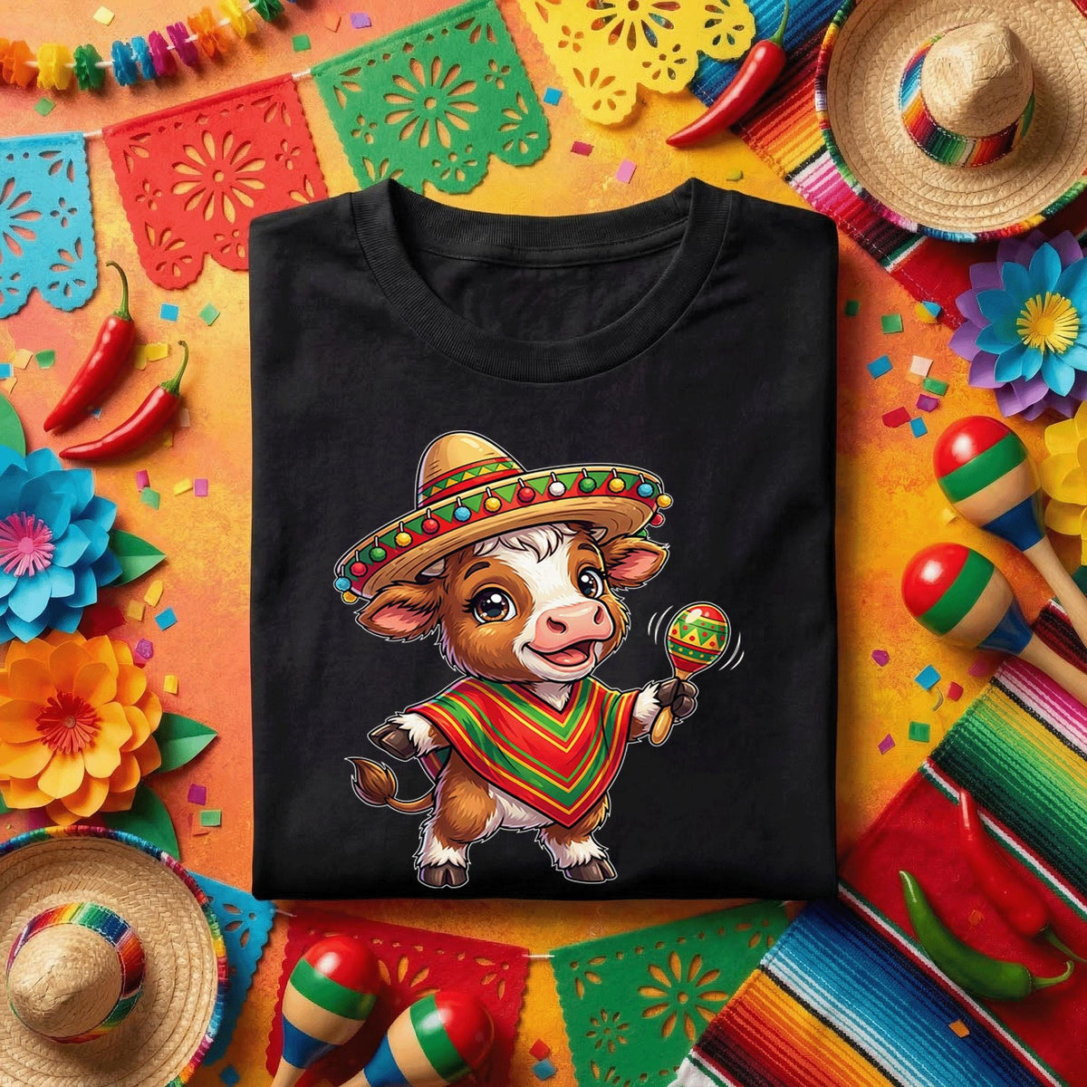 Cinco De Mayo Baby Cow Shirt Cute Fiesta Cow Sombrero Tee, Funny Mexican Fiesta Calf With Maracas Shirt, Adorable Cinco De Mayo Party Tee
