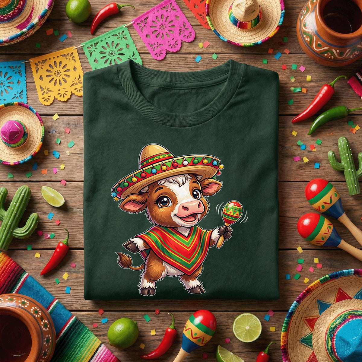 Cinco De Mayo Baby Cow Shirt Cute Fiesta Cow Sombrero Tee, Funny Mexican Fiesta Calf With Maracas Shirt, Adorable Cinco De Mayo Party Tee