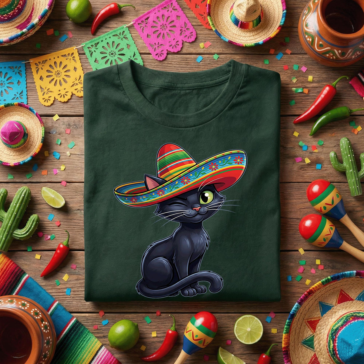 Cinco De Mayo Cat Shirt Cute Sombrero Cat Tee, Funny Mexican Fiesta Kitty Shirt, Winking Cat With Sombrero Party Tee