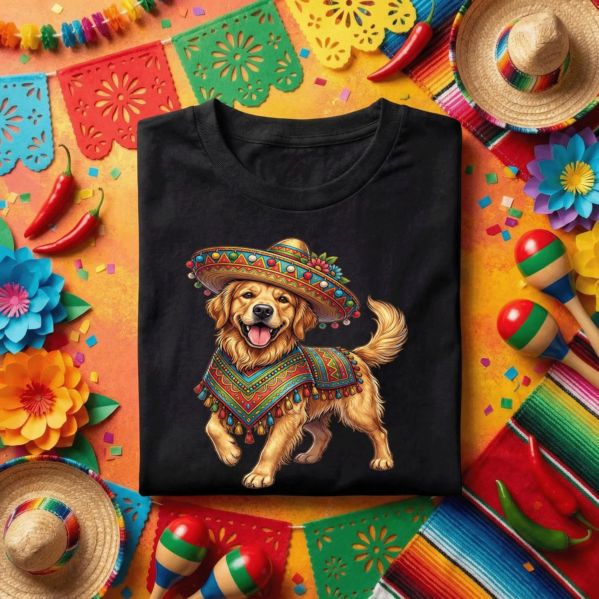 Cinco De Mayo Golden Retriever Shirt Funny Fiesta Dog Tee, Cute Sombrero Dog With Mexican Poncho Shirt, Dog Lover Cinco De Mayo Party Tee
