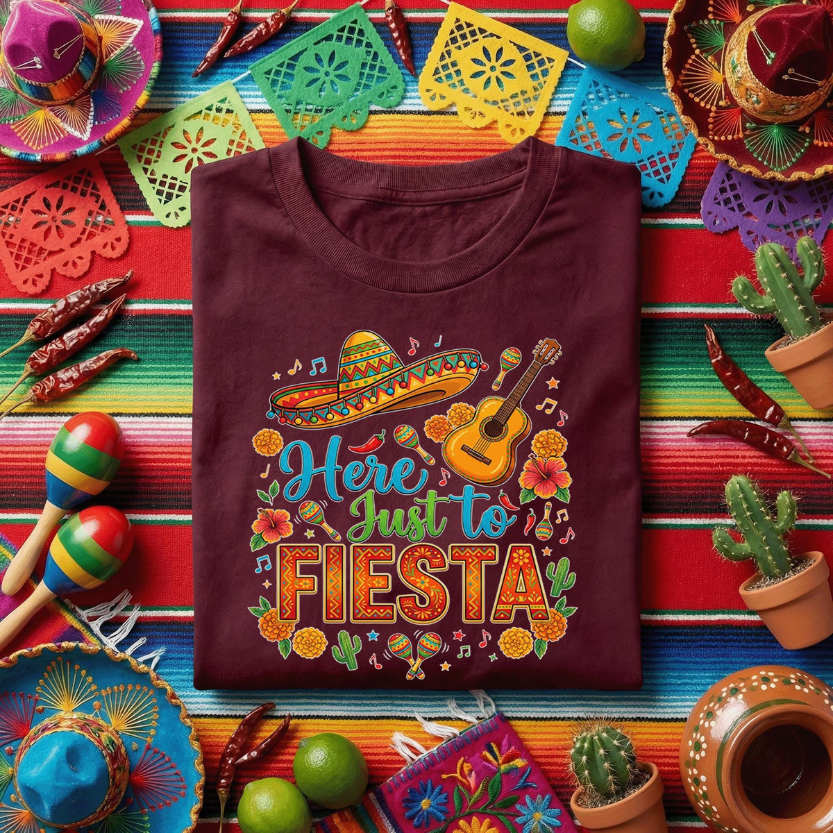 Here Just To Fiesta Shirt Cinco De Mayo Fiesta Tee Mexican Party Shirt Sombrero Guitar Maracas Tee Funny Cinco De Mayo Shirt