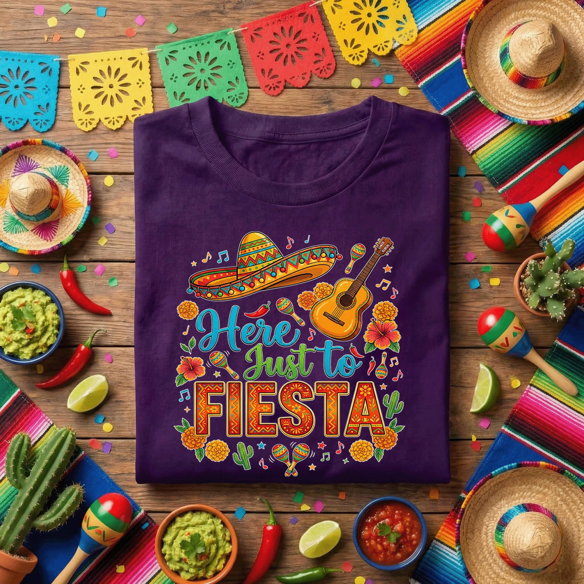Here Just To Fiesta Shirt Cinco De Mayo Fiesta Tee Mexican Party Shirt Sombrero Guitar Maracas Tee Funny Cinco De Mayo Shirt