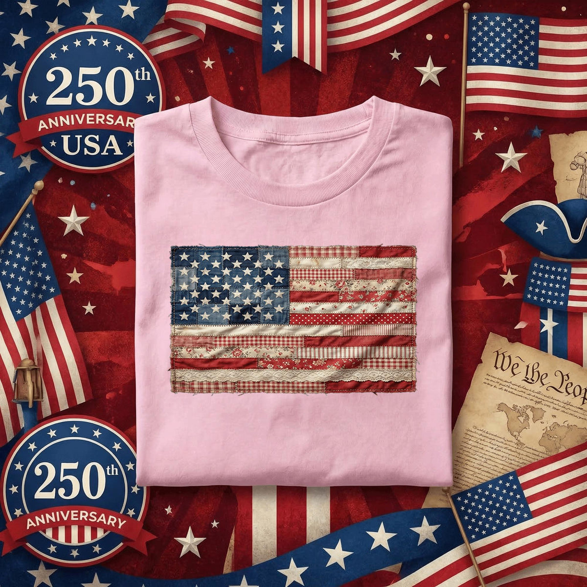 Vintage Patchwork American Flag Shirt Patriotic USA Tee Retro Quilt Flag Fourth of July Independence Day Red White Blue Gift 4th of July