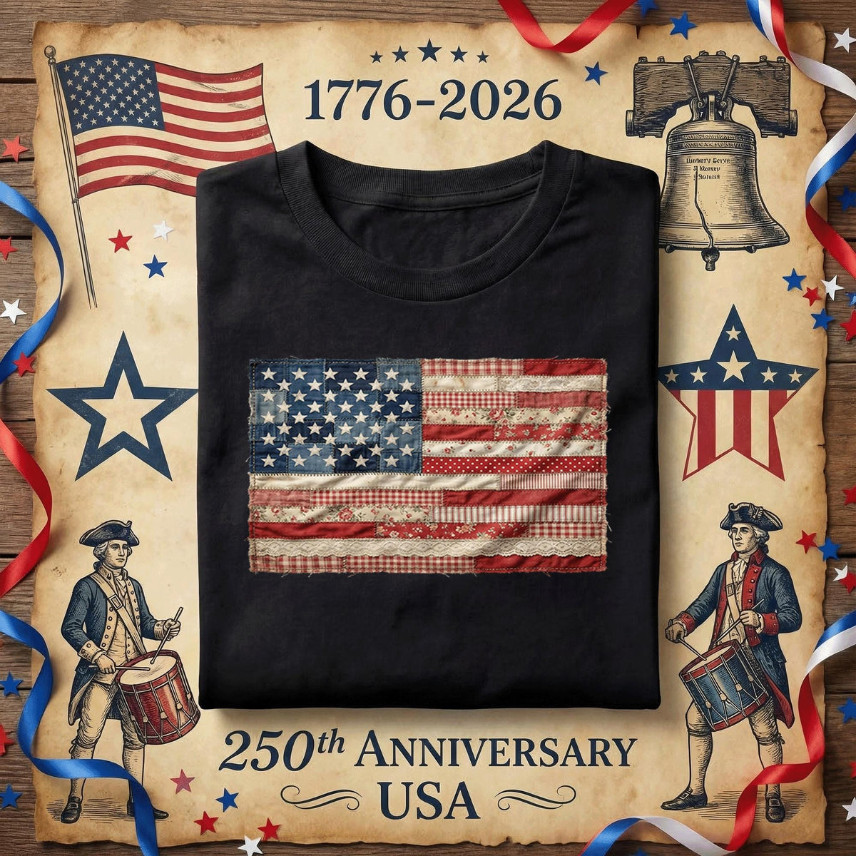 Vintage Patchwork American Flag Shirt Patriotic USA Tee Retro Quilt Flag Fourth of July Independence Day Red White Bl...