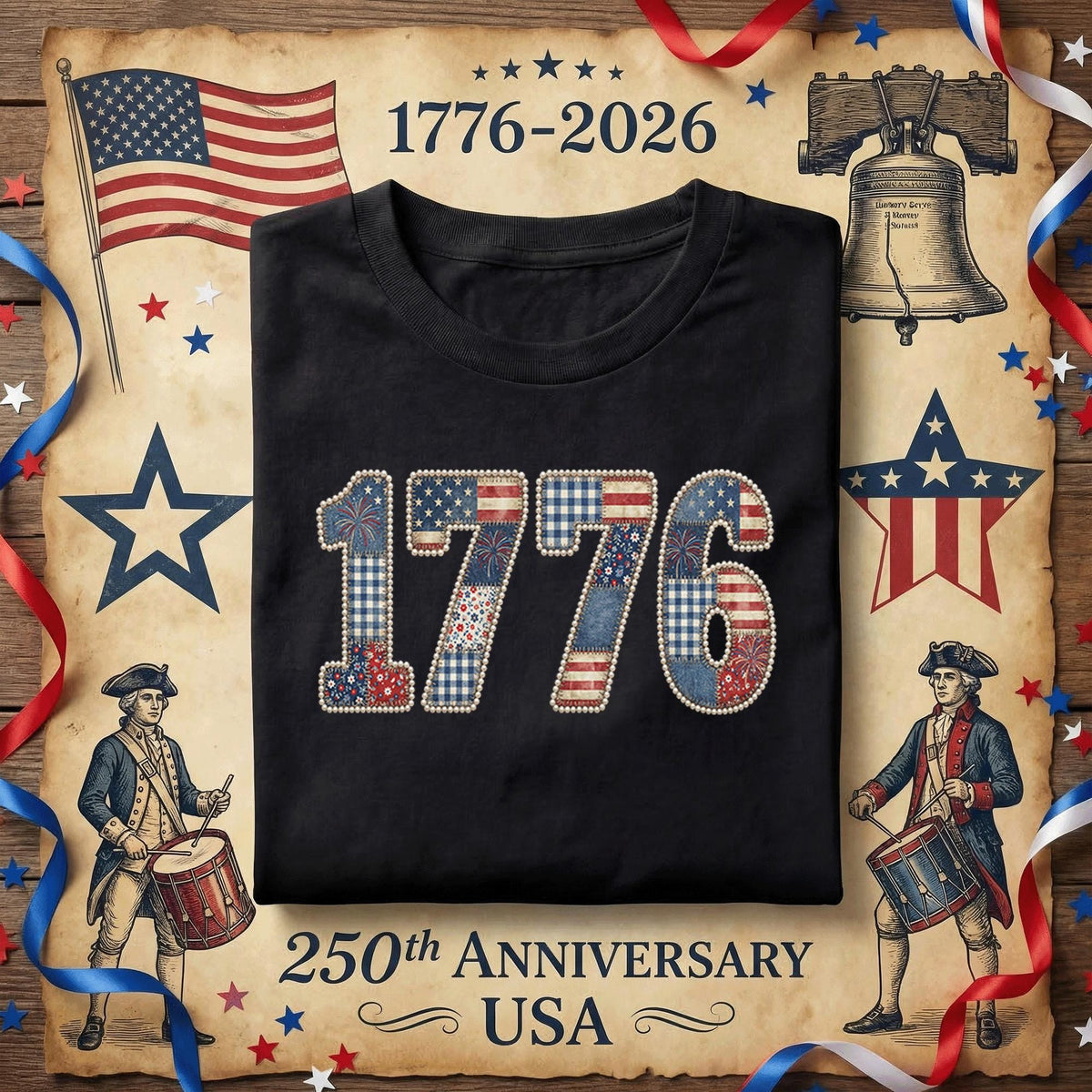 1776 Patriotic Shirt Vintage Patchwork USA Tee American Flag Retro Independence Day July 4th Freedom Gift Red White B...
