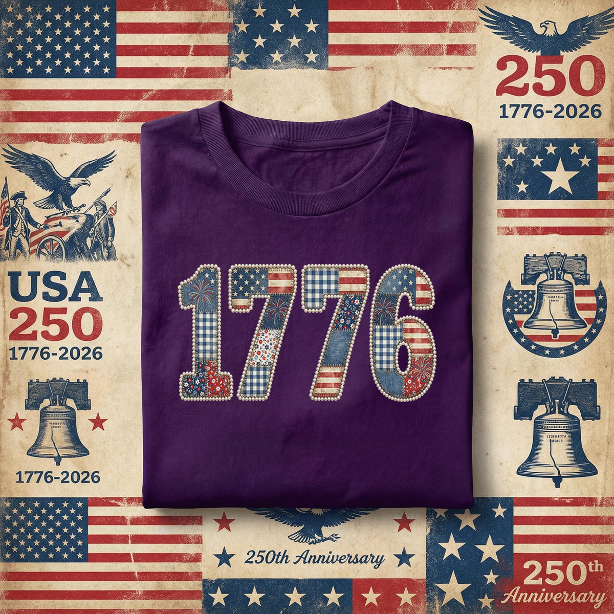1776 Patriotic Shirt Vintage Patchwork USA Tee American Flag Retro Independence Day July 4th Freedom Gift Red White Blue Fourth of July
