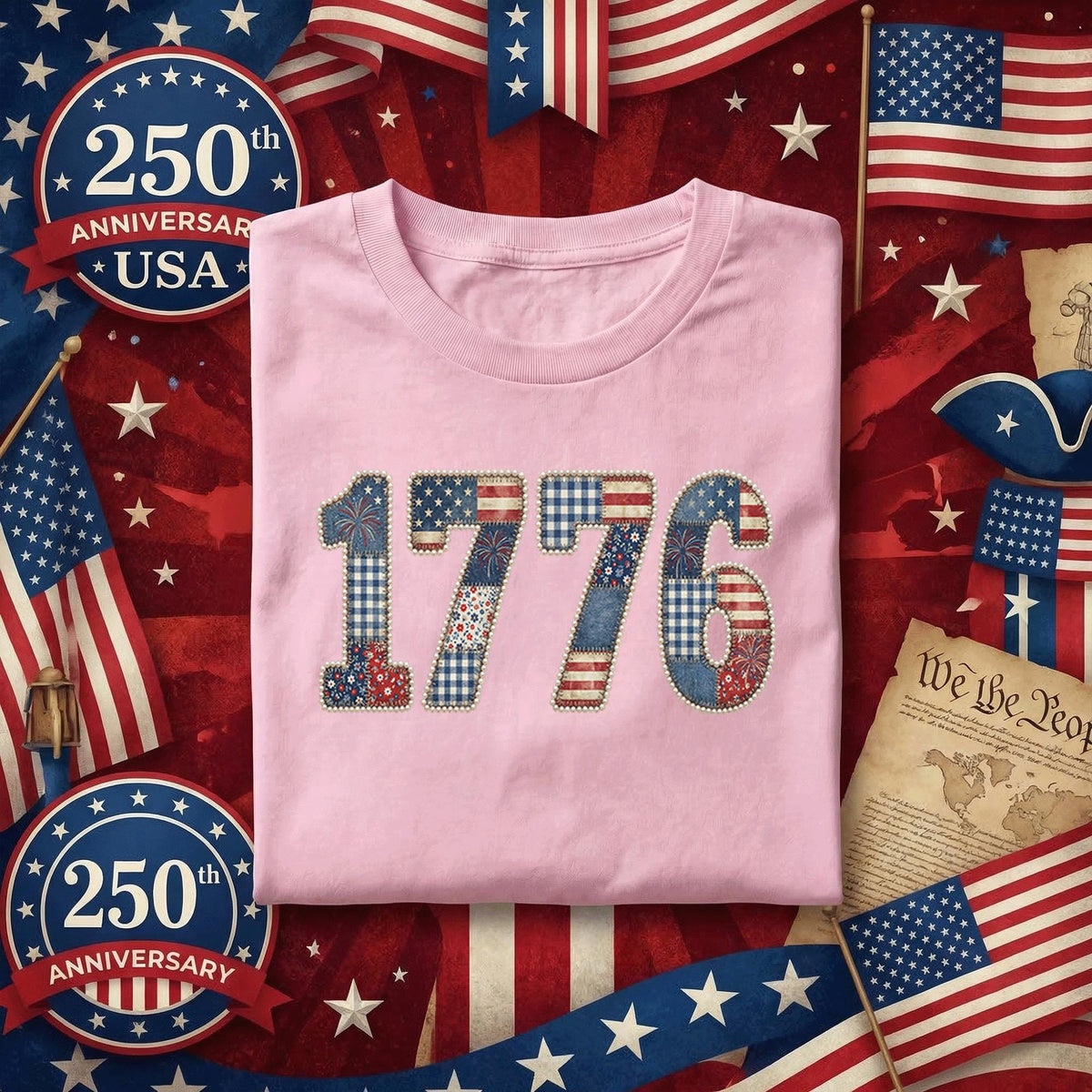 1776 Patriotic Shirt Vintage Patchwork USA Tee American Flag Retro Independence Day July 4th Freedom Gift Red White Blue Fourth of July