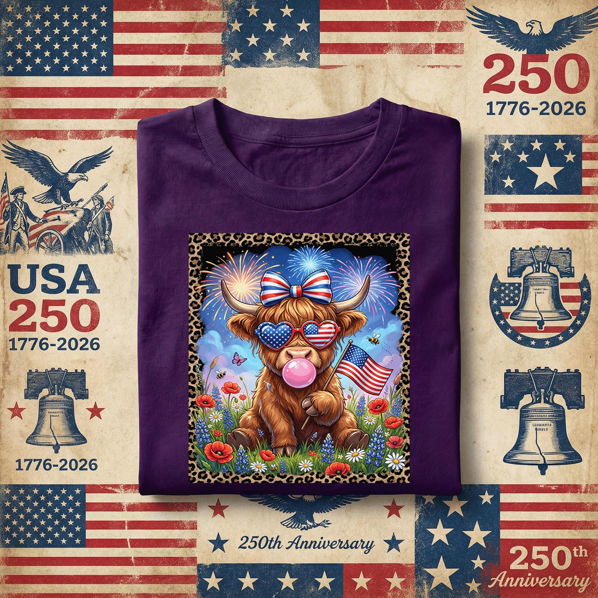 Patriotic Highland Cow Shirt Cute USA Cow Tee American Flag Sunglasses Red White Blue July 4th Independence Day Gift Women Fourth of July