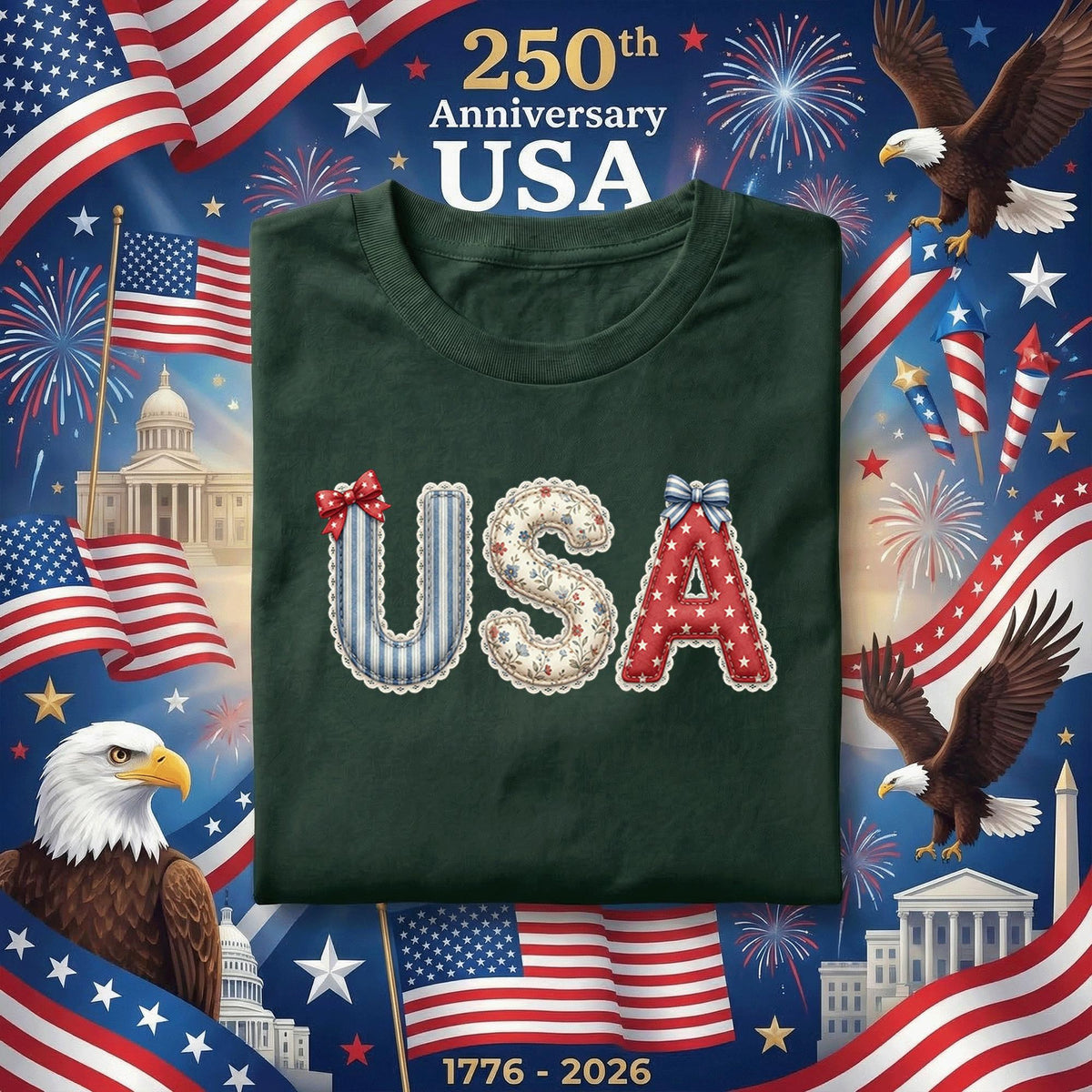 USA Patchwork Style Shirt Vintage Patriotic Bow Tee Cottagecore America Shirt Red White Blue 4th of July Outfit Gift Idea Fourth of July