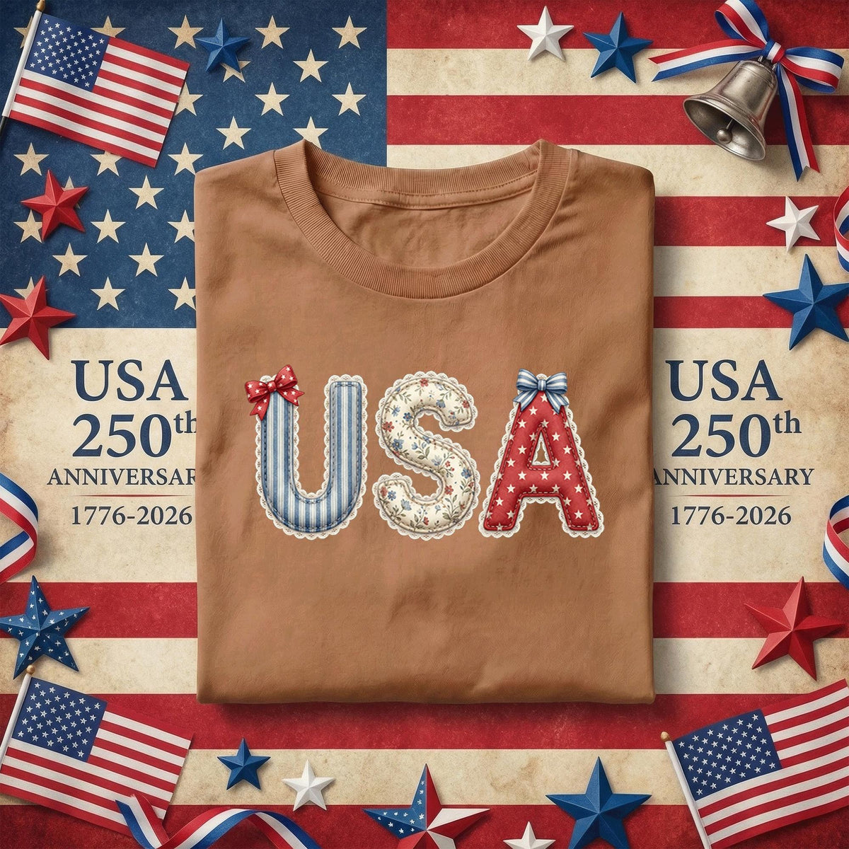 USA Patchwork Style Shirt Vintage Patriotic Bow Tee Cottagecore America Shirt Red White Blue 4th of July Outfit Gift Idea Fourth of July