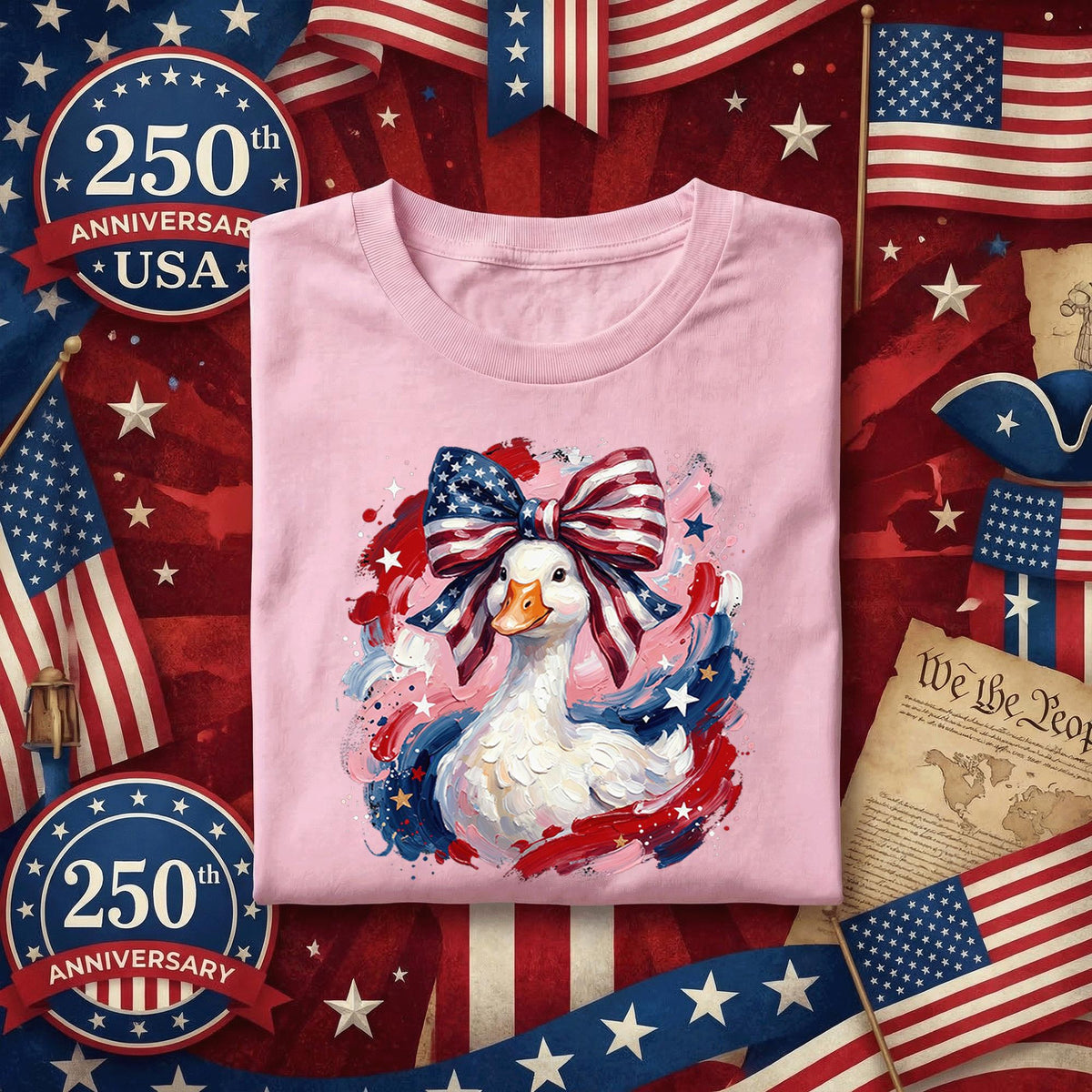 Patriotic Goose Shirt USA Flag Bow Fourth of July Shirt Cute American Goose Tee Independence Day 2026 Patriotic Anima...