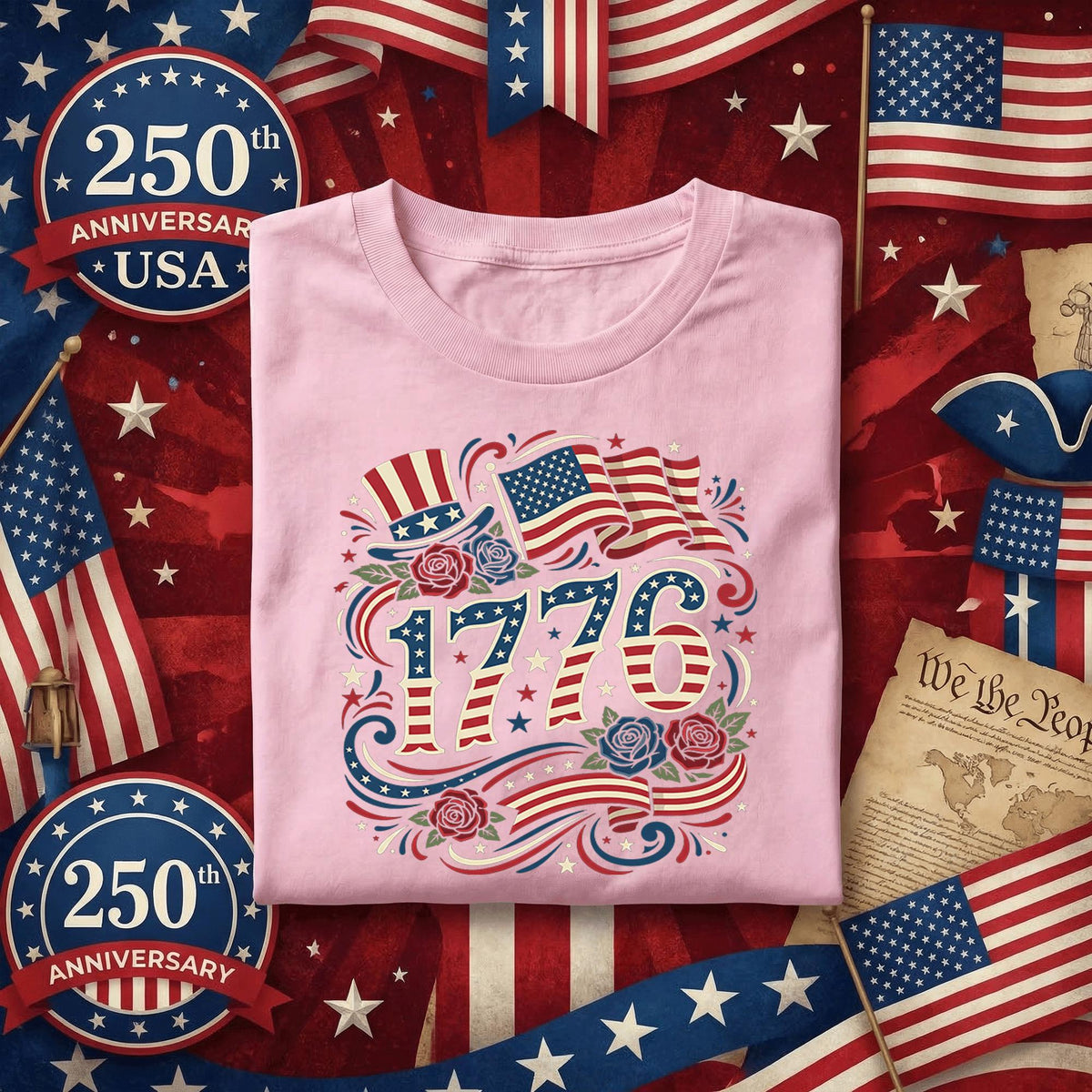 1776 Patriotic Shirt Vintage America Flag Hat Roses Tee Independence Day Shirt Fourth of July Retro USA 1776 Americana Shirt 4th of July