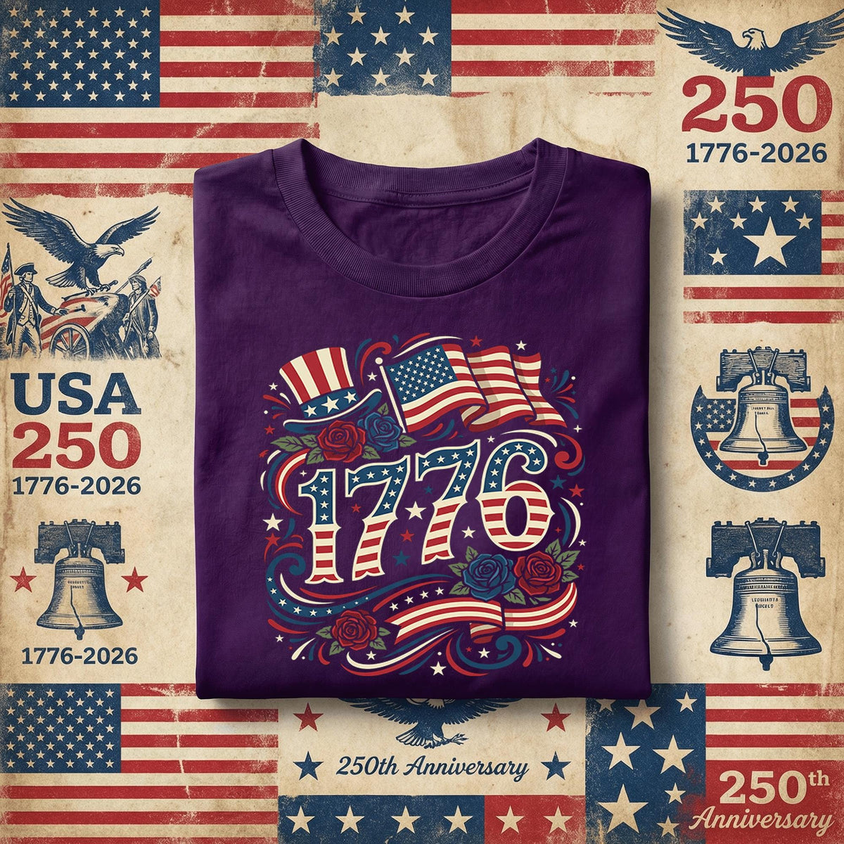 1776 Patriotic Shirt Vintage America Flag Hat Roses Tee Independence Day Shirt Fourth of July Retro USA 1776 Americana Shirt 4th of July