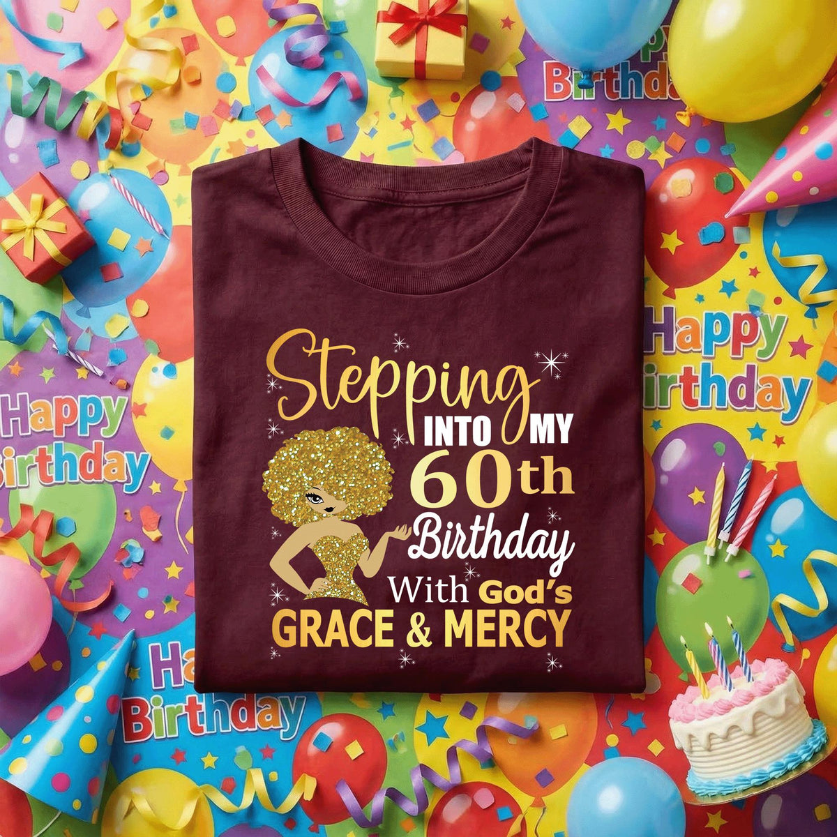 Stepping Into My 60th Birthday Shirt, 60th Birthday Gift for Her, Black Queen Afro Woman Tee, Grace and Mercy Faith Birthday Shirt Women
