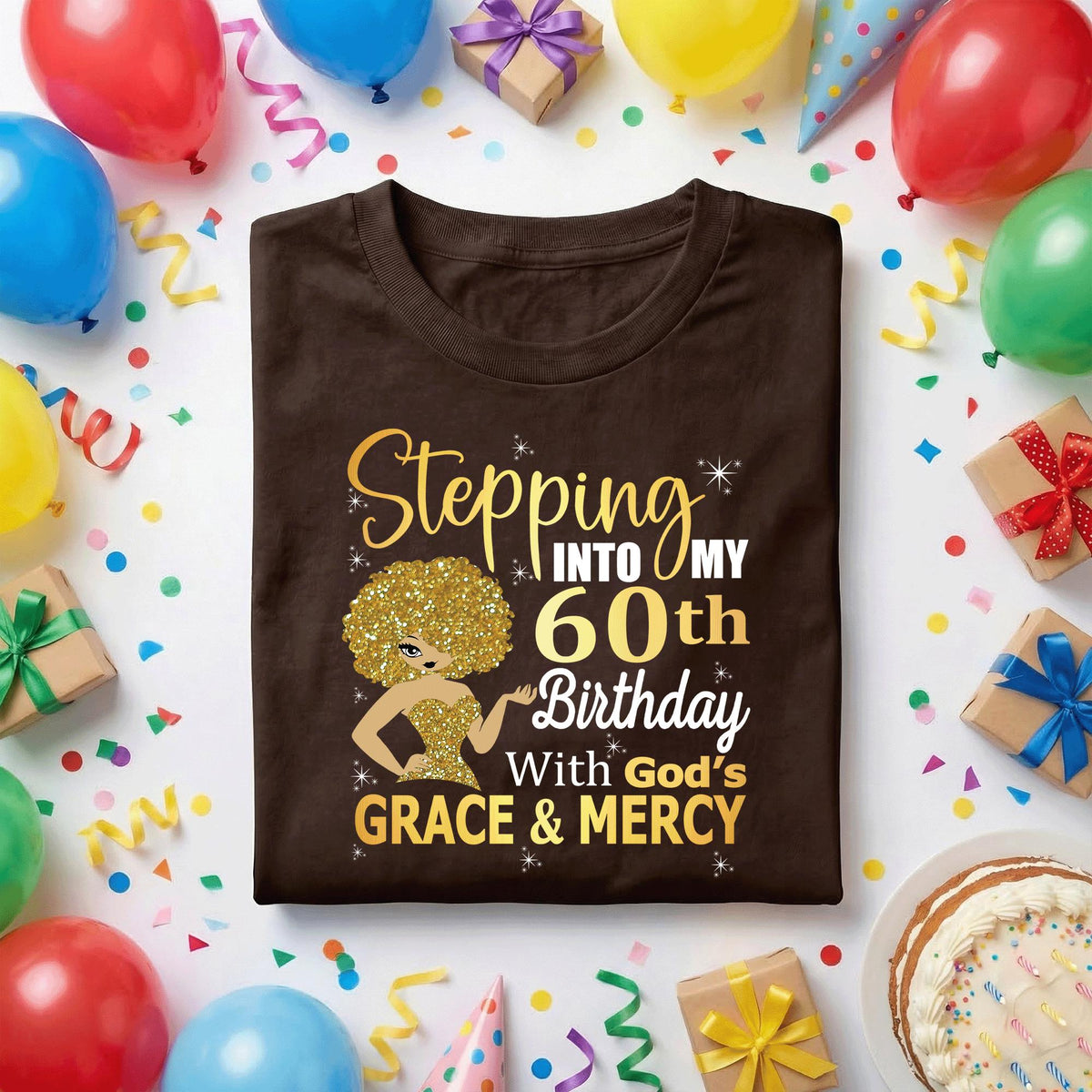Stepping Into My 60th Birthday Shirt, 60th Birthday Gift for Her, Black Queen Afro Woman Tee, Grace and Mercy Faith Birthday Shirt Women