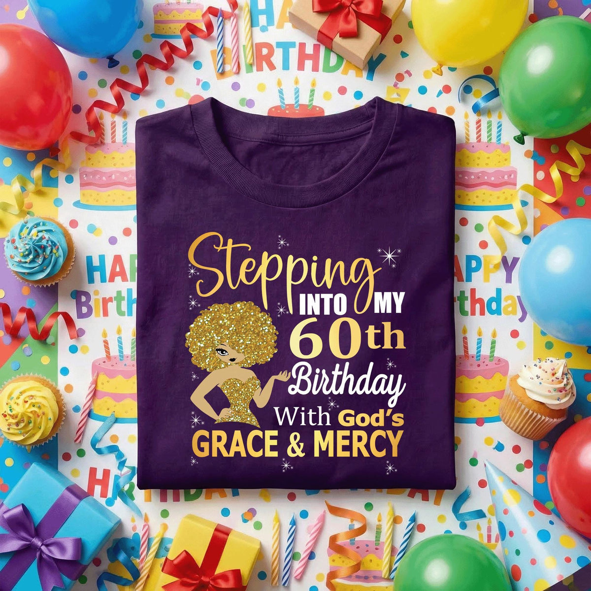 Stepping Into My 60th Birthday Shirt, 60th Birthday Gift for Her, Black Queen Afro Woman Tee, Grace and Mercy Faith Birthday Shirt Women