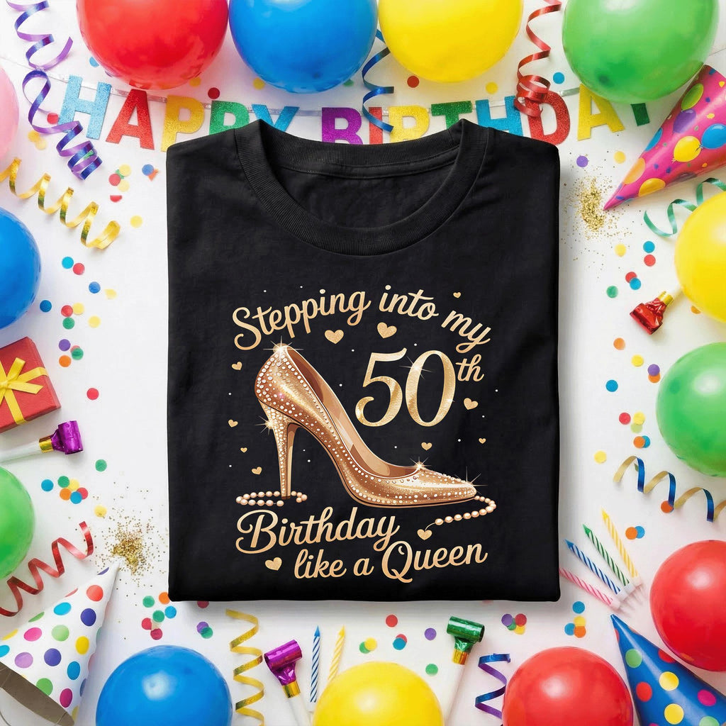Stepping Into My 50th Birthday Shirt Women, 50th Birthday Queen Gift for Her, Fabulous Fifty Gold Heel Tee, Glam Birthday Party Outfit