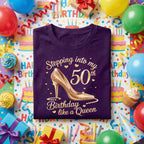 Stepping Into My 50th Birthday Shirt Women, 50th Birthday Queen Gift for Her, Fabulous Fifty Gold Heel Tee, Glam Birthday Party Outfit