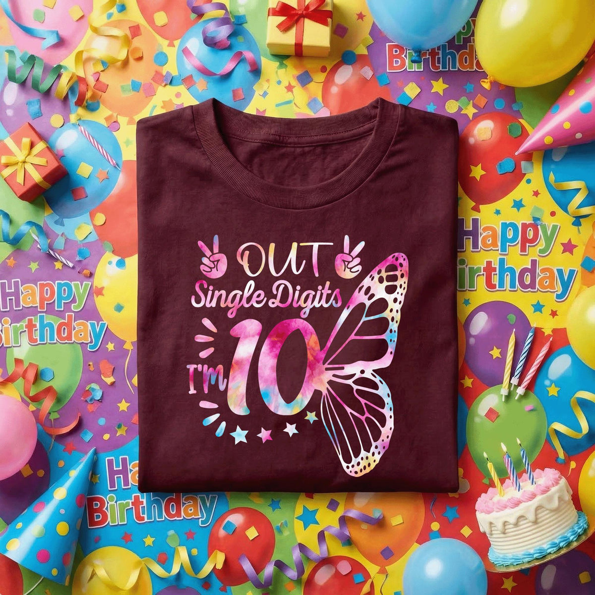 Out Single Digits I'm 10 Birthday Shirt Girls, 10th Birthday Girl Gift, Cute Butterfly Birthday Tee, Double Digits Party Shirt for Kids