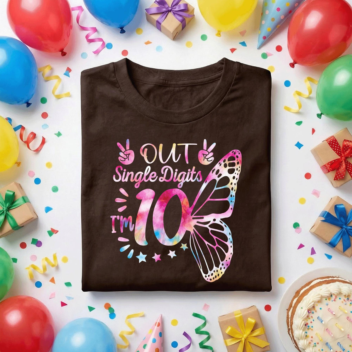 Out Single Digits I'm 10 Birthday Shirt Girls, 10th Birthday Girl Gift, Cute Butterfly Birthday Tee, Double Digits Party Shirt for Kids