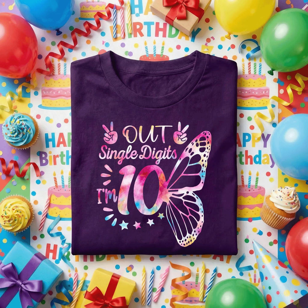 Out Single Digits I'm 10 Birthday Shirt Girls, 10th Birthday Girl Gift, Cute Butterfly Birthday Tee, Double Digits Party Shirt for Kids