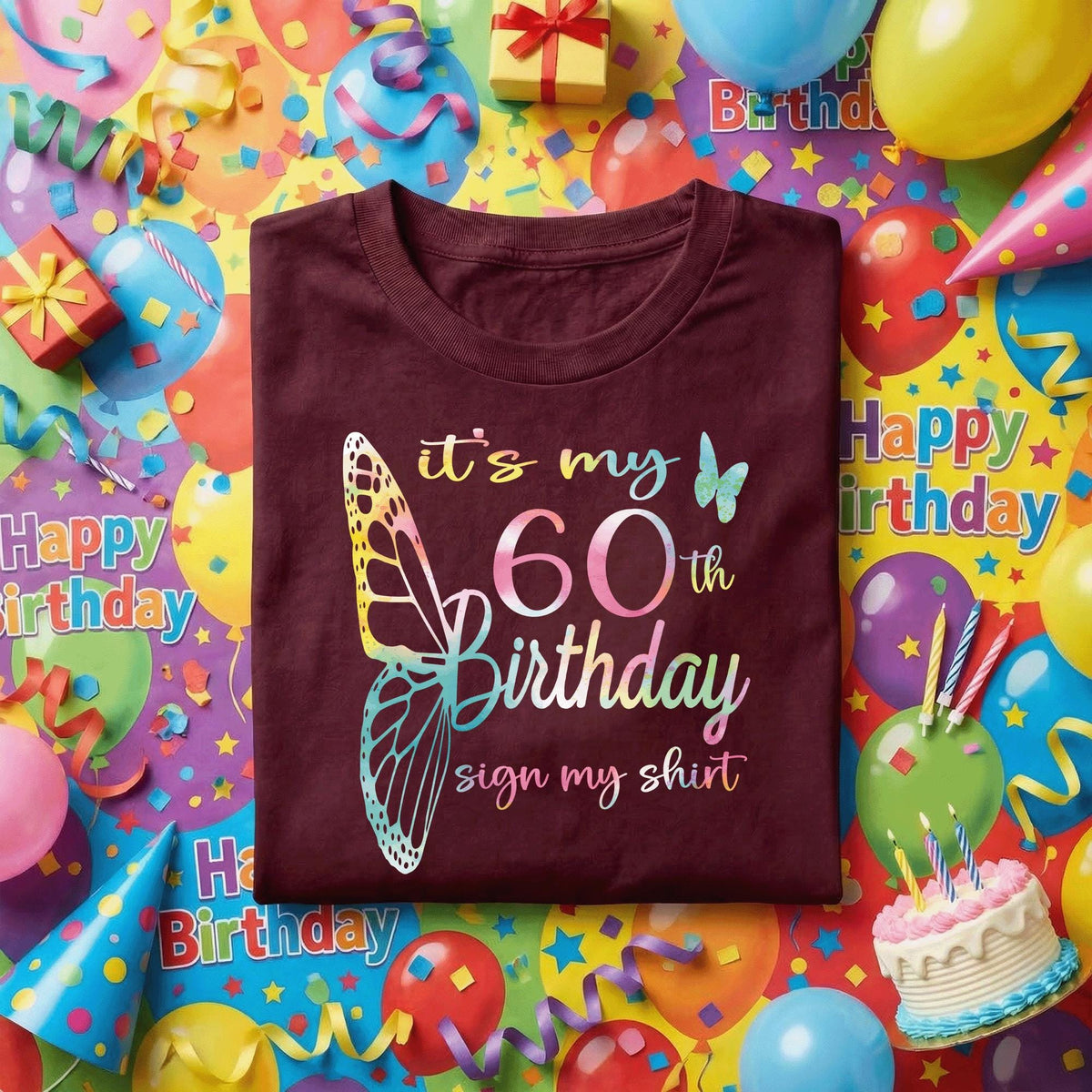 It’s My 60th Birthday Sign My Shirt Women, 60th Birthday Party Shirt for Her, Colorful Butterfly Birthday Tee, Milestone Birthday Outfit