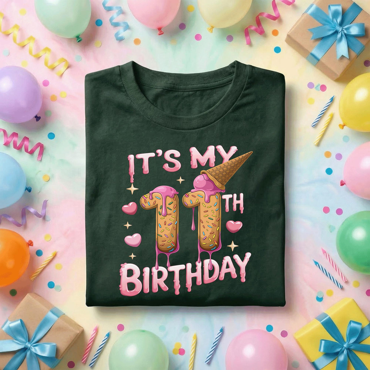 It’s My 11th Birthday Shirt Girl, Cute Ice Cream Donut Birthday Tee, Girls 11th Party Outfit, Sweet Sprinkle Design, Kids Birthday Gift Idea