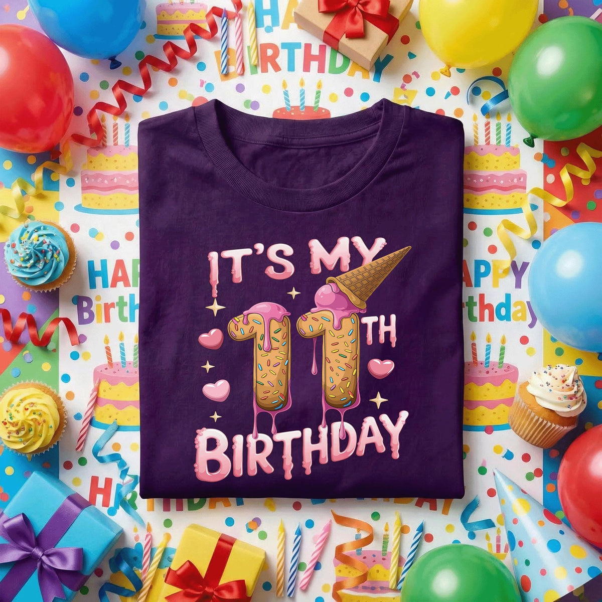 It’s My 11th Birthday Shirt Girl, Cute Ice Cream Donut Birthday Tee, Girls 11th Party Outfit, Sweet Sprinkle Design, Kids Birthday Gift Idea