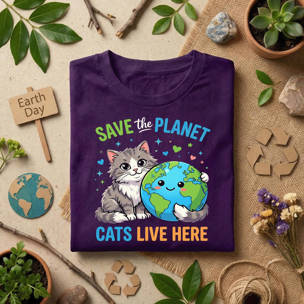 Save the Planet Cat Shirt Cute Cat Lover Earth Day Tee, Funny Eco Cat T-Shirt, Kawaii Kitten Planet, Animal Lover Gift Idea
