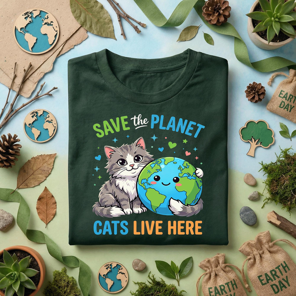 Save the Planet Cat Shirt Cute Cat Lover Earth Day Tee, Funny Eco Cat T-Shirt, Kawaii Kitten Planet, Animal Lover Gift Idea