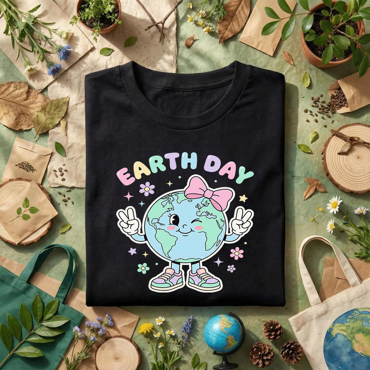 Cute Earth Day Girl Shirt Kawaii Planet with Bow Tee, Kids Earth Day Outfit, Pastel Earth T-Shirt, Eco Friendly Gift Idea