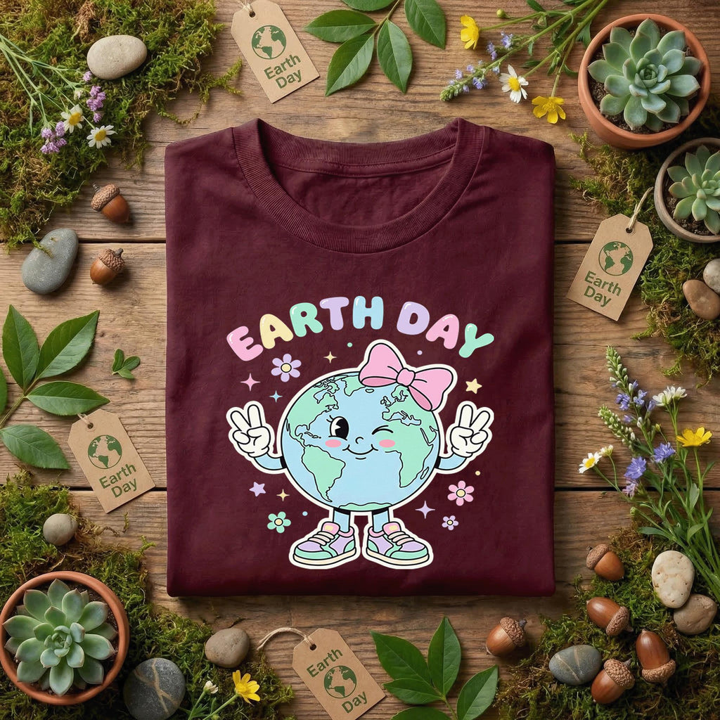 Cute Earth Day Girl Shirt Kawaii Planet with Bow Tee, Kids Earth Day Outfit, Pastel Earth T-Shirt, Eco Friendly Gift Idea