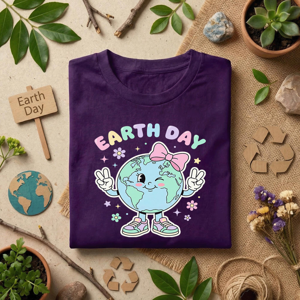 Cute Earth Day Girl Shirt Kawaii Planet with Bow Tee, Kids Earth Day Outfit, Pastel Earth T-Shirt, Eco Friendly Gift Idea