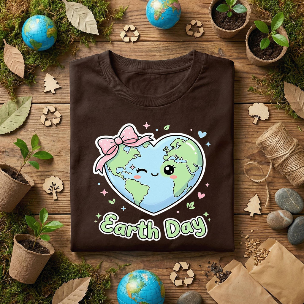 Cute Heart Earth Day Shirt Kawaii Planet with Bow Tee, Kids Earth Day Outfit, Girly Eco Friendly Shirt, Love Earth T-Shirt