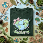 Cute Heart Earth Day Shirt Kawaii Planet with Bow Tee, Kids Earth Day Outfit, Girly Eco Friendly Shirt, Love Earth T-Shirt