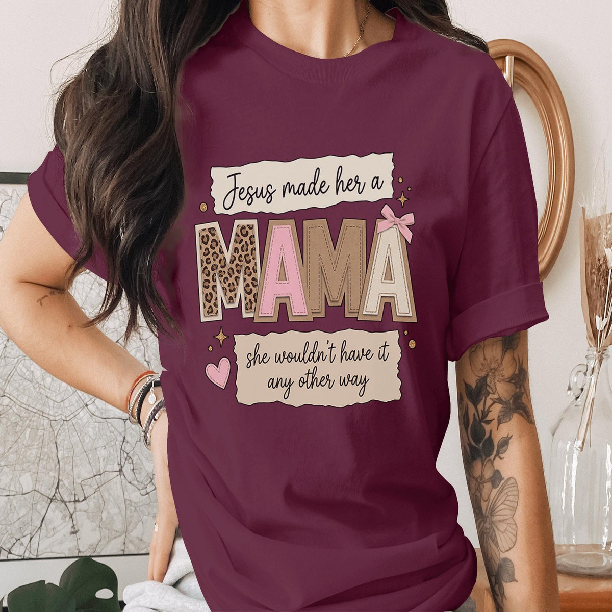 Christian Mama Shirt Jesus Made Her A Mama Faith T-Shirt Religious Mom Gift Inspirational Quote Tee Leopard Pink Bow Mothers Day Gifts Idea