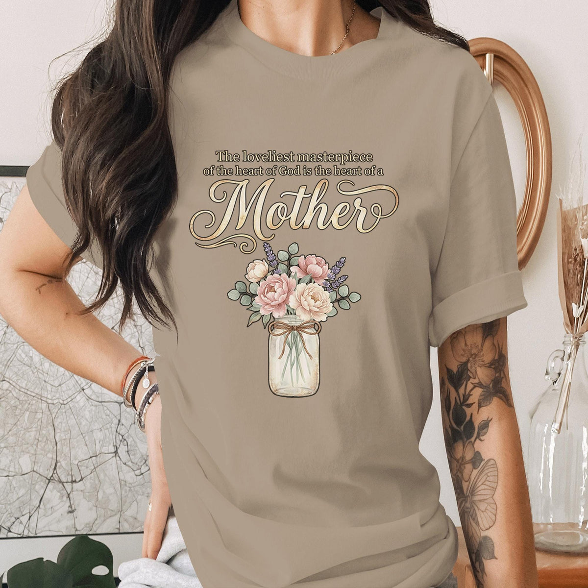 Christian Mother Shirt Religious Mom Tee Faith Quote T-Shirt God Heart of a Mother Floral Jar Vintage Style Mothers Day Gift Idea